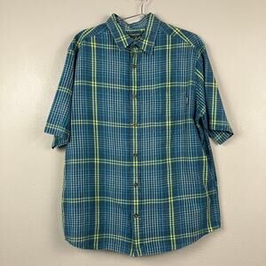 Woolrich Shirt Mens L Blue Green Plaid Checkered Button Down Short Sleeve Cotton